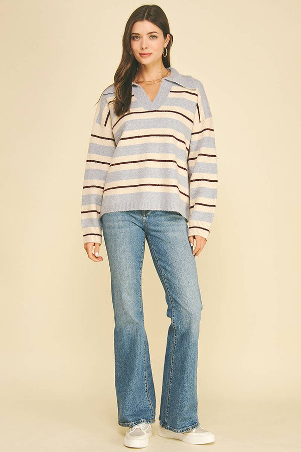 STRIPED V-NECK KNIT SWEATER - 7508W