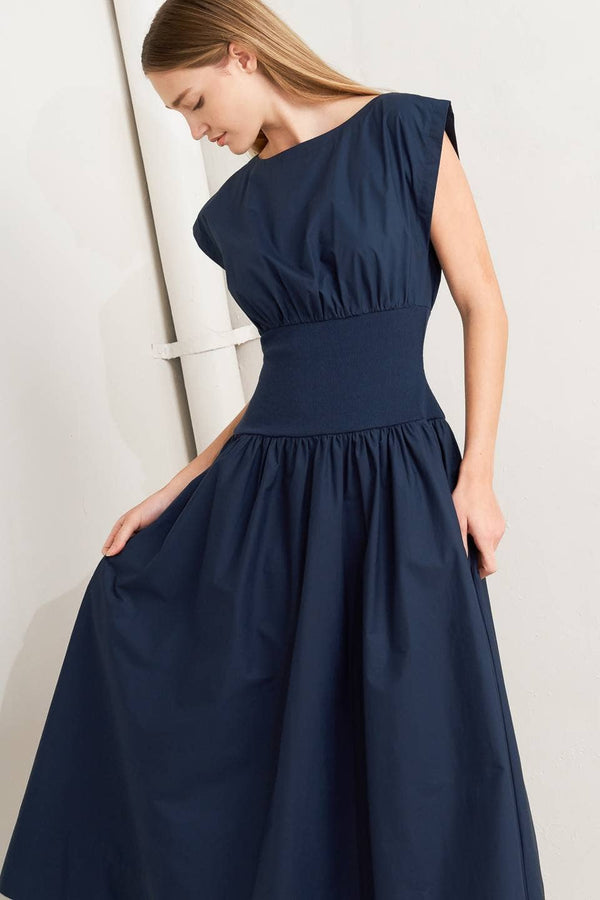 A Solid Woven Midi Dress - Navy
