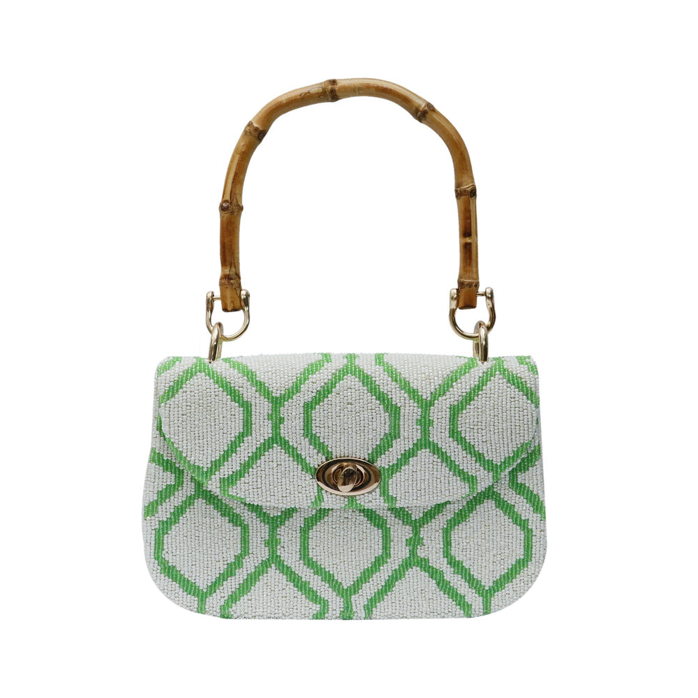Green pattern bamboo handle bag