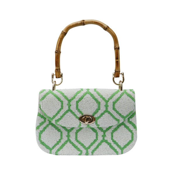 Green pattern bamboo handle bag