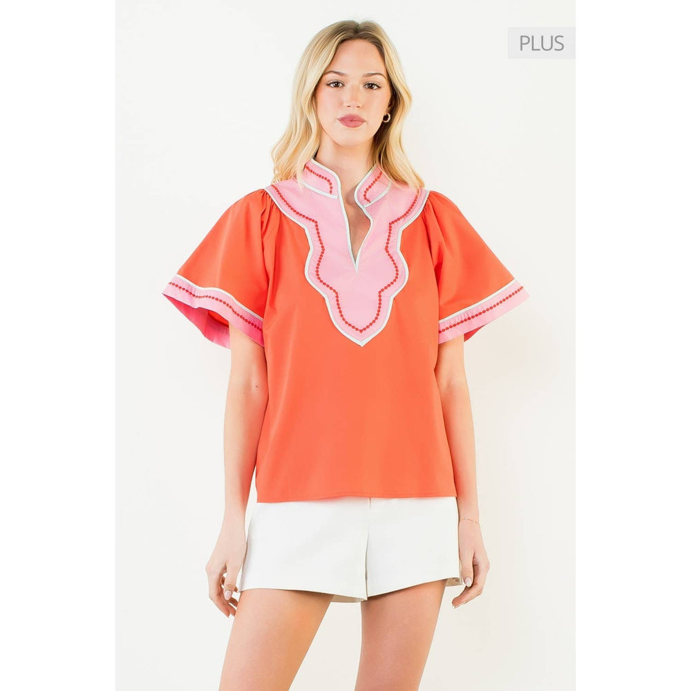 Contrast Trim Wide Sleeve V-Neck Top