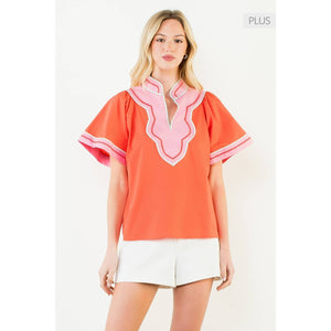 Contrast Trim Wide Sleeve V-Neck Top