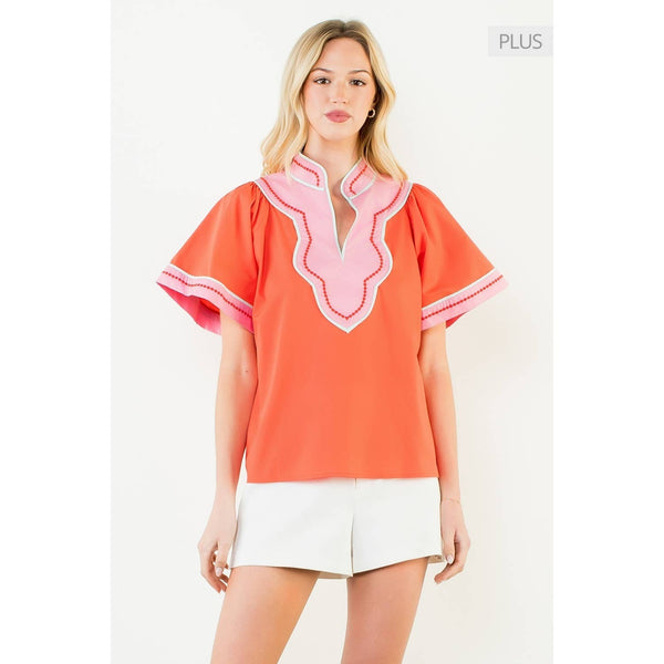 Contrast Trim Wide Sleeve V-Neck Top
