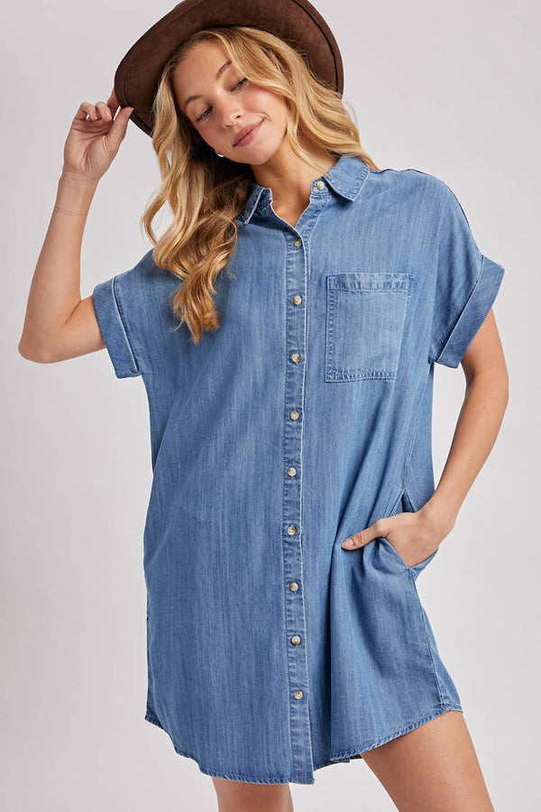 DENIM BUTTON DOWN SHIRT DRESS