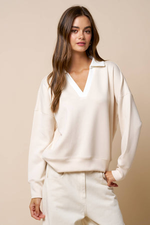 Contrast Collared V Neck Top