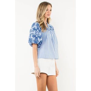 Puff Sleeve Striped Embroidered Top