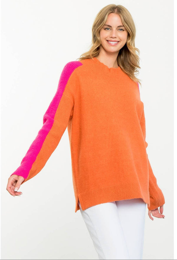 Orange/Hot Pink Colorblock Sleeve Sweater