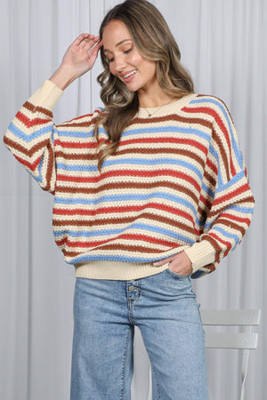 Textured Multi Stripe Crew Neck Knitted Sweater