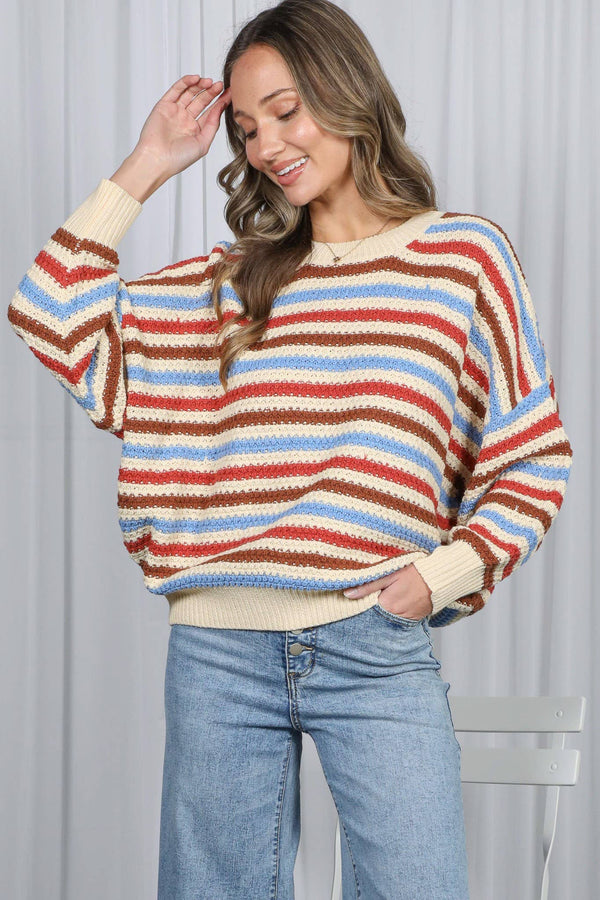 Textured Multi Stripe Crew Neck Knitted Sweater