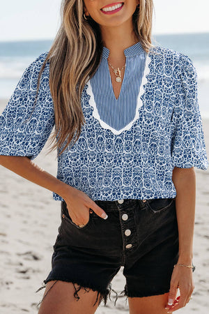 Floral Striped Ric-rac Puff Sleeve Top