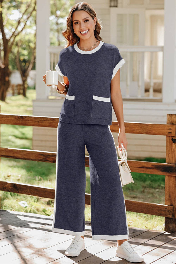 Navy Color block Pocket Tee Wide Leg Pants Two Piece Set