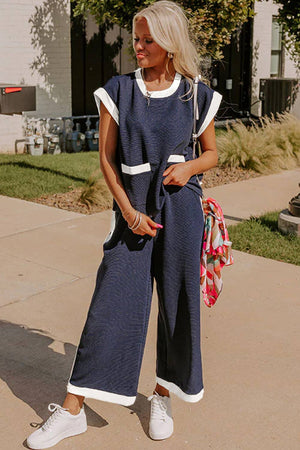 Navy Color block Pocket Tee Wide Leg Pants Two Piece Set