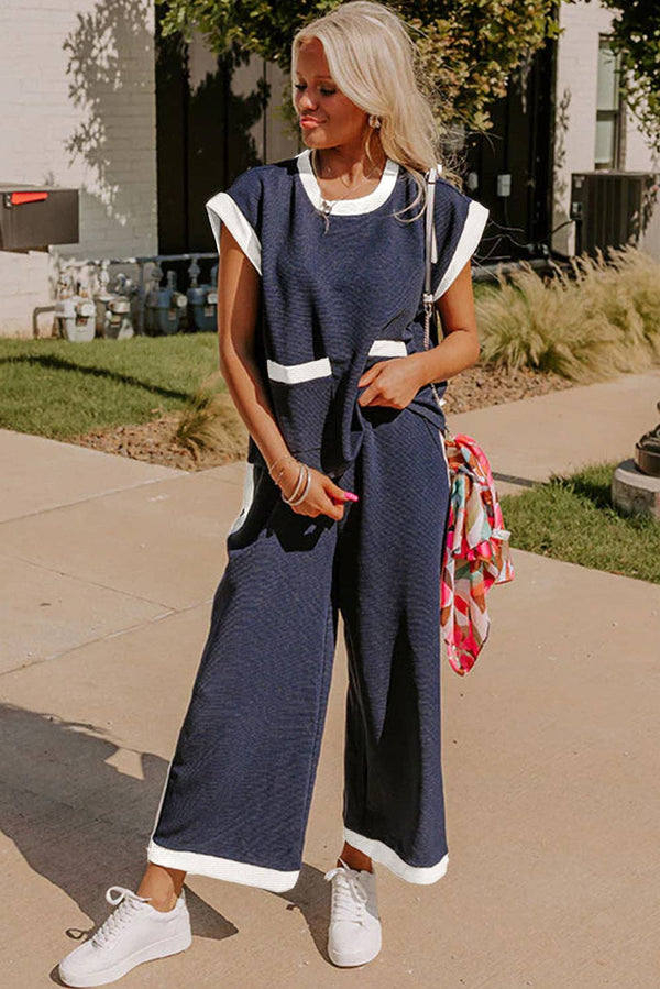 Navy Color block Pocket Tee Wide Leg Pants Two Piece Set