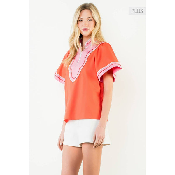 Contrast Trim Wide Sleeve V-Neck Top