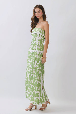 Abstract Print Ric Rac Strapless Dress