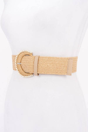 Raffia Woven Belt with Pearl-Trimmed Buckle
