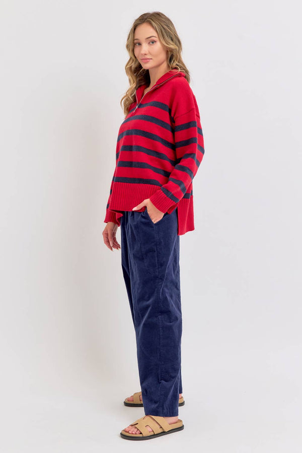 Stripe Knit Zip-Front Oversized Knit Sweater