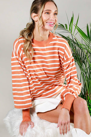 Striped Long Balloon Sleeve Knitted Sweater Top