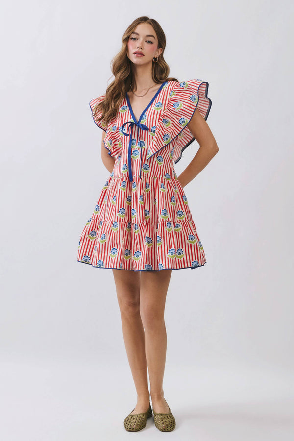 Stripe Floral Print Ruffle Mini Dress