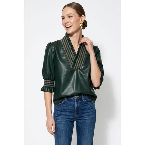 Smocking Ruffle Vegan Leather Blouse