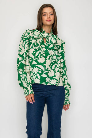 Rich Green Jacobean Print Bow Tie  Blouse