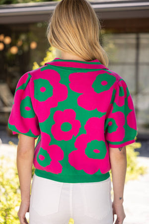 V-Collared Ribbed Floral Knit Top