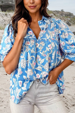 Chic Floral Print V Neck  Blouse