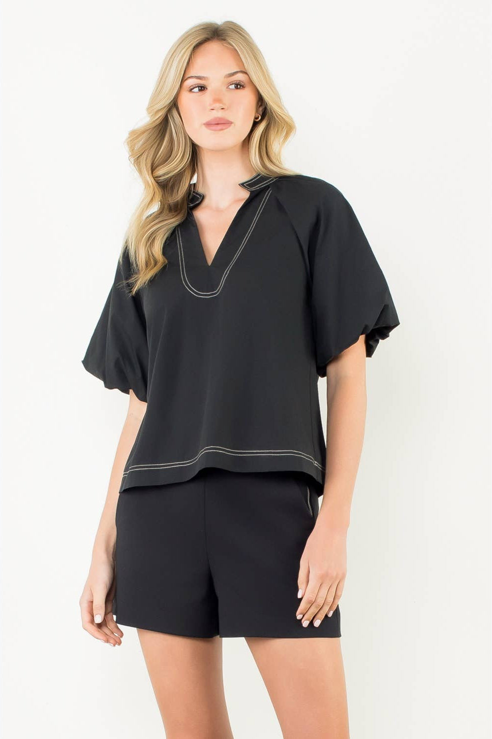 Contrast Stitch Puff Sleeve V-Neck Top
