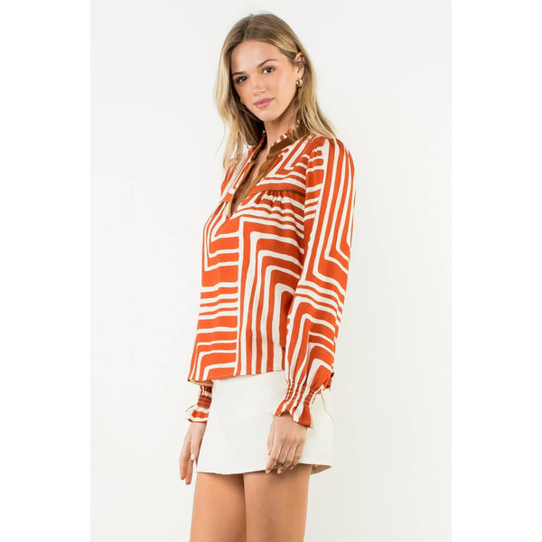 Abstract Print Long Sleeve V-Neck Top