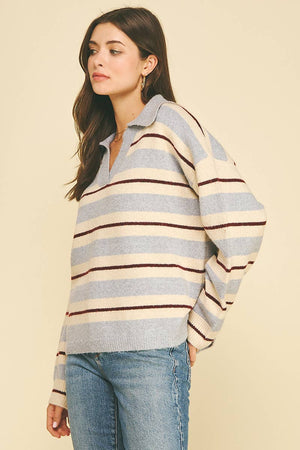 STRIPED V-NECK KNIT SWEATER - 7508W