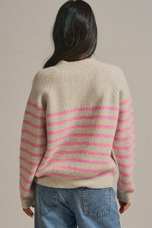 Striped Mock Neck Sweater with Gold Buttons