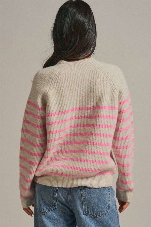 Striped Mock Neck Sweater with Gold Buttons