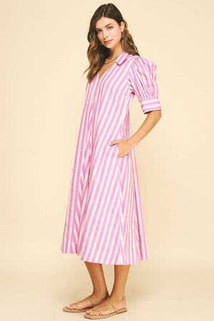Striped V-neck Midi Dress - Pink/Lavender