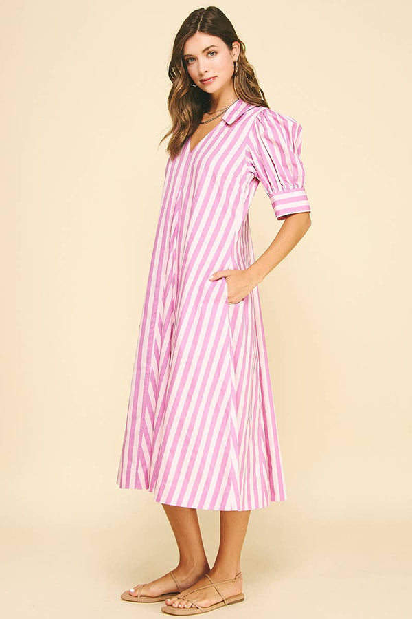 Striped V-neck Midi Dress - Pink/Lavender