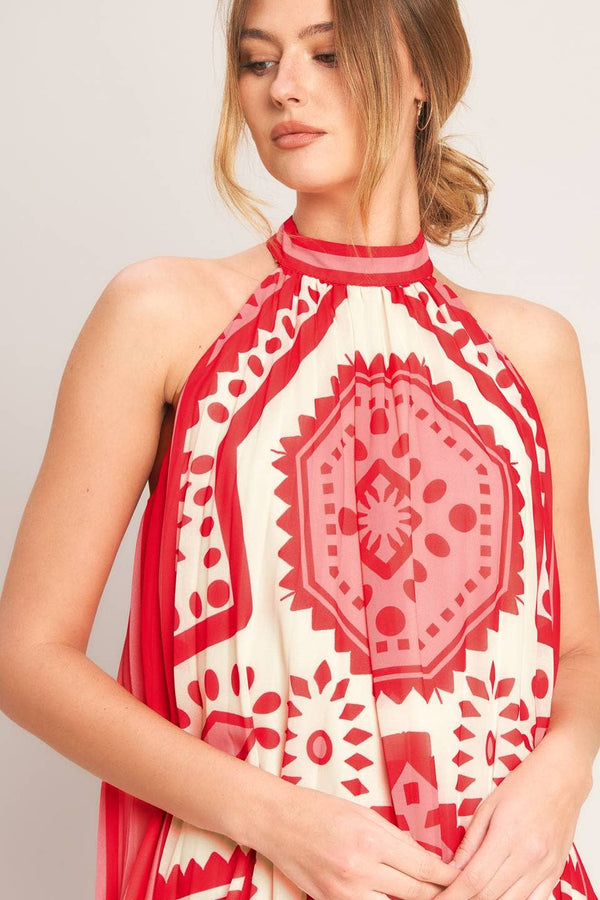 A Printed Woven Mini Dress - Pink
