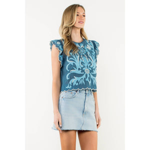 Embroidered Flutter Sleeve Scallop Top