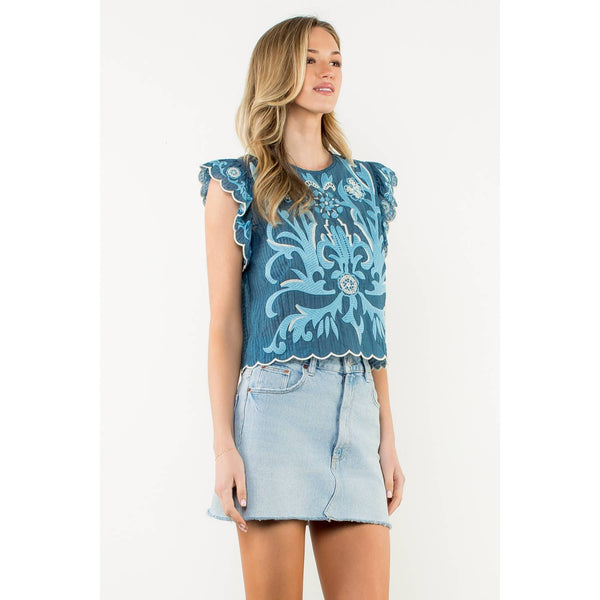 Embroidered Flutter Sleeve Scallop Top
