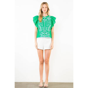 Ruffle Sleeves Embroidery Detail Top