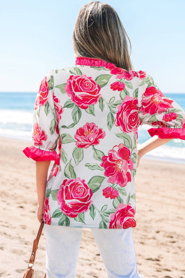Colorblock Ruffle Floral Print Short Sleeve Top