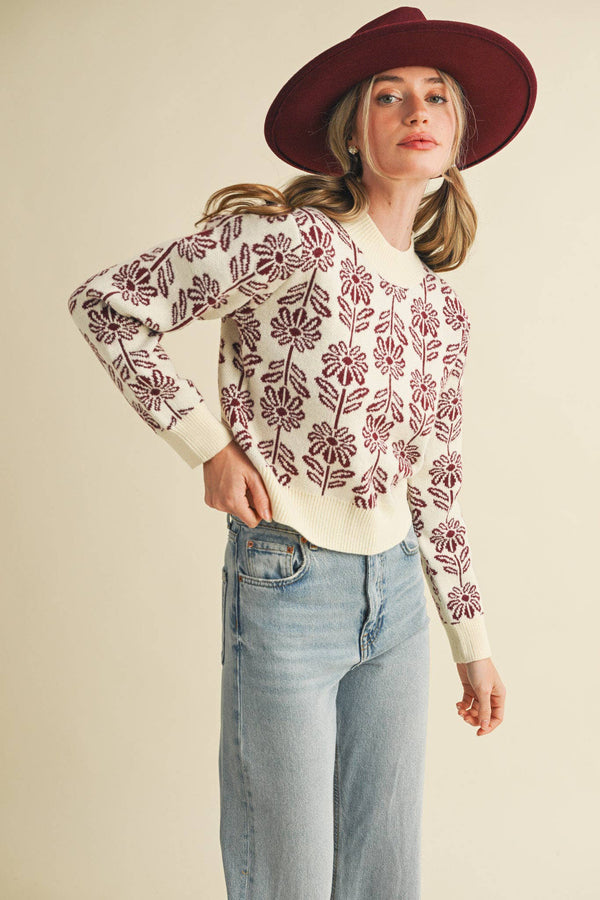 Floral Pattern Knit Sweater