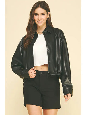 Cropped Faux Leather Bomber Jacket