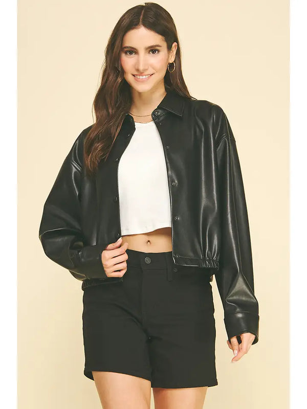 Cropped Faux Leather Bomber Jacket