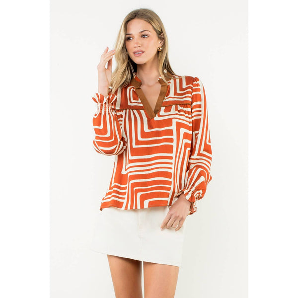 Abstract Print Long Sleeve V-Neck Top