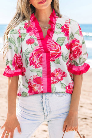 Colorblock Ruffle Floral Print Short Sleeve Top