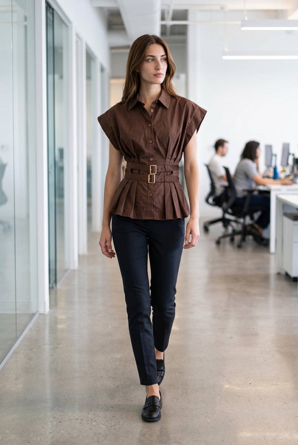 Double Belt Peplum Shirt Top