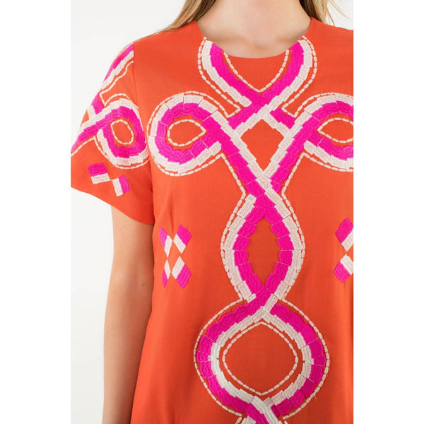 Embroidered Short Sleeve Mini Dress
