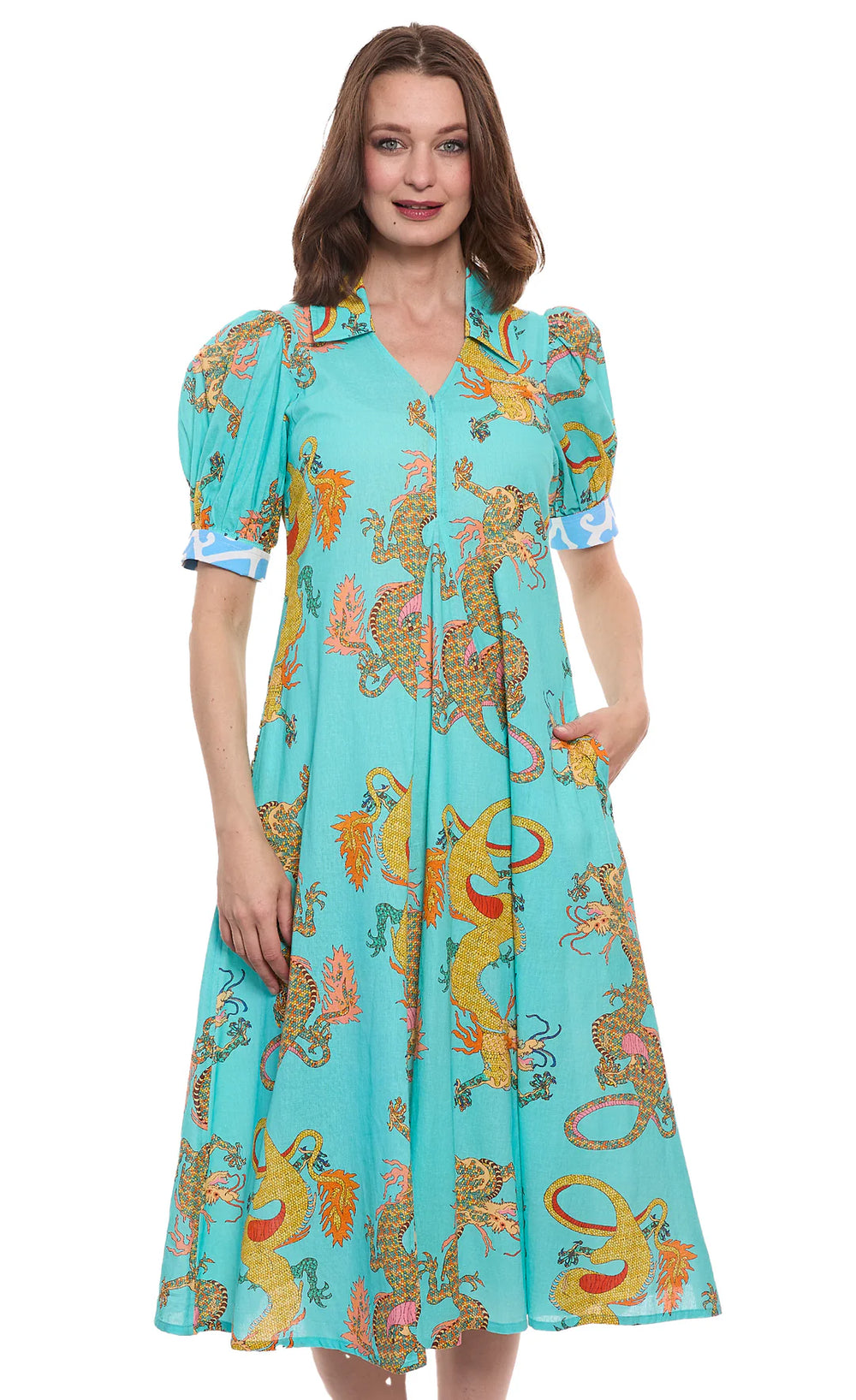 Montauk Dress Linen Cotton Turquoise Dragons Print
