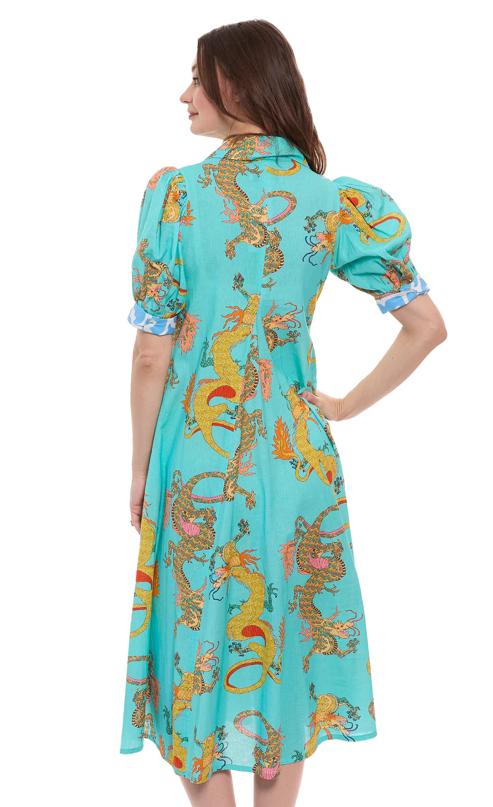 Montauk Dress Linen Cotton Turquoise Dragons Print