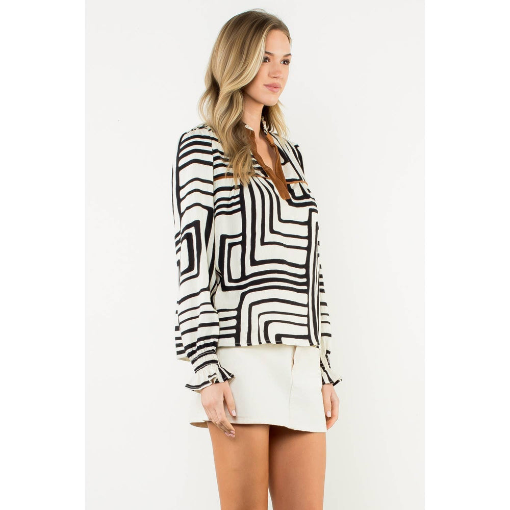 Abstract Print Long Sleeve V-Neck Top