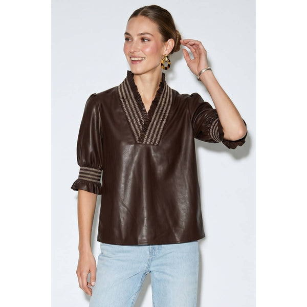 Smocking Ruffle Vegan Leather Blouse